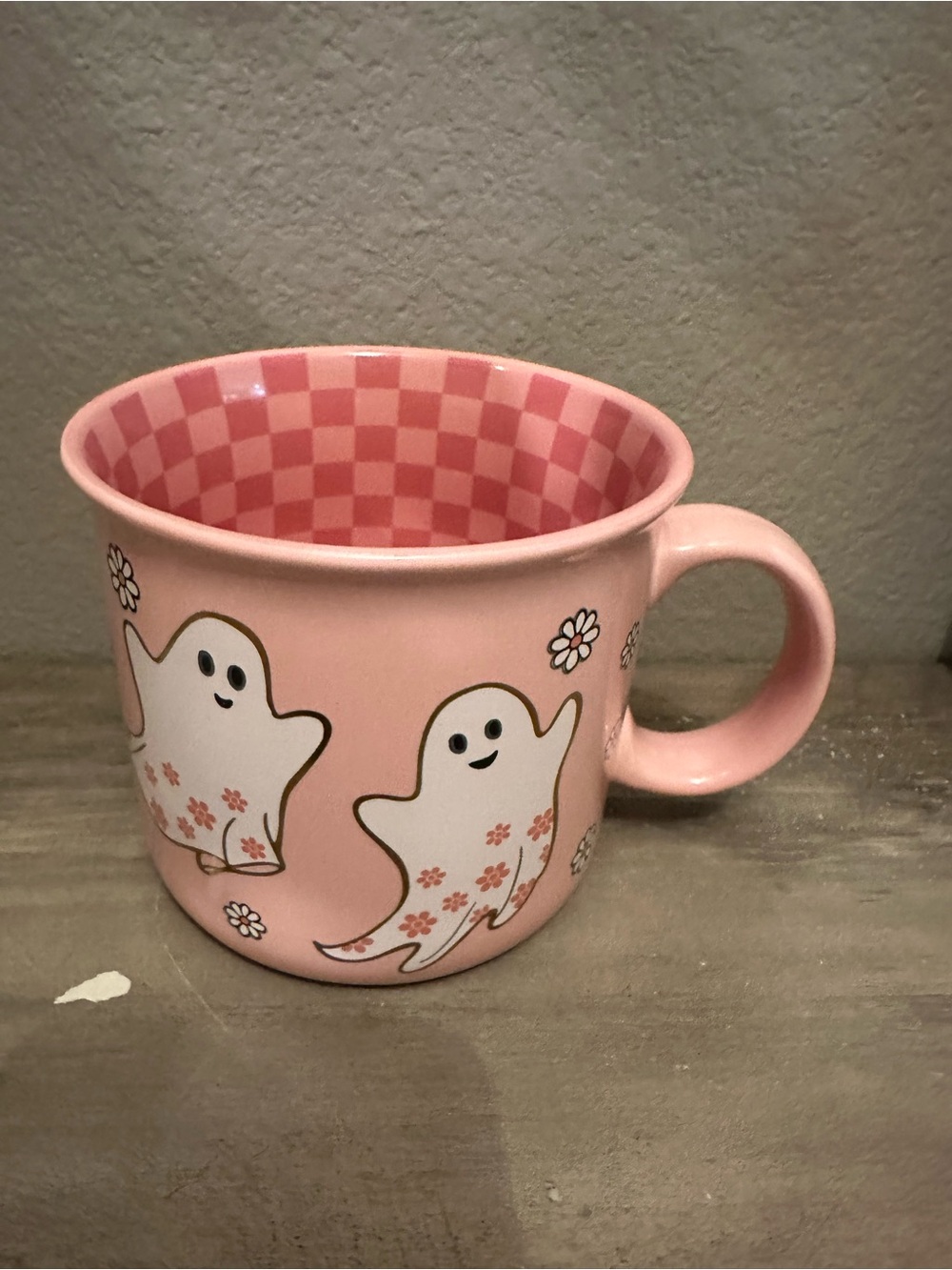 Cobwebs & Cauldrons Pink Ghost  Mug with Checkerboard Interior